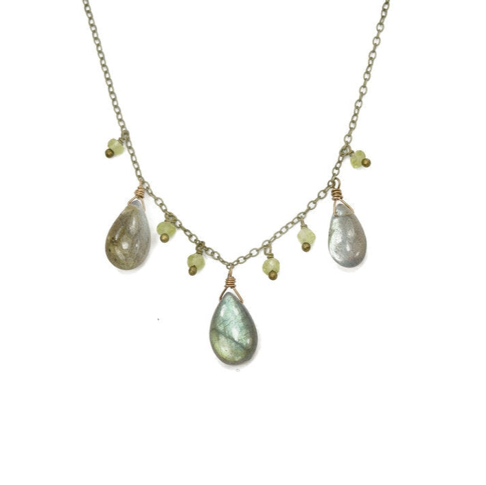 Edgy Petal Labradorite and Green Peridot Teardrop Necklace