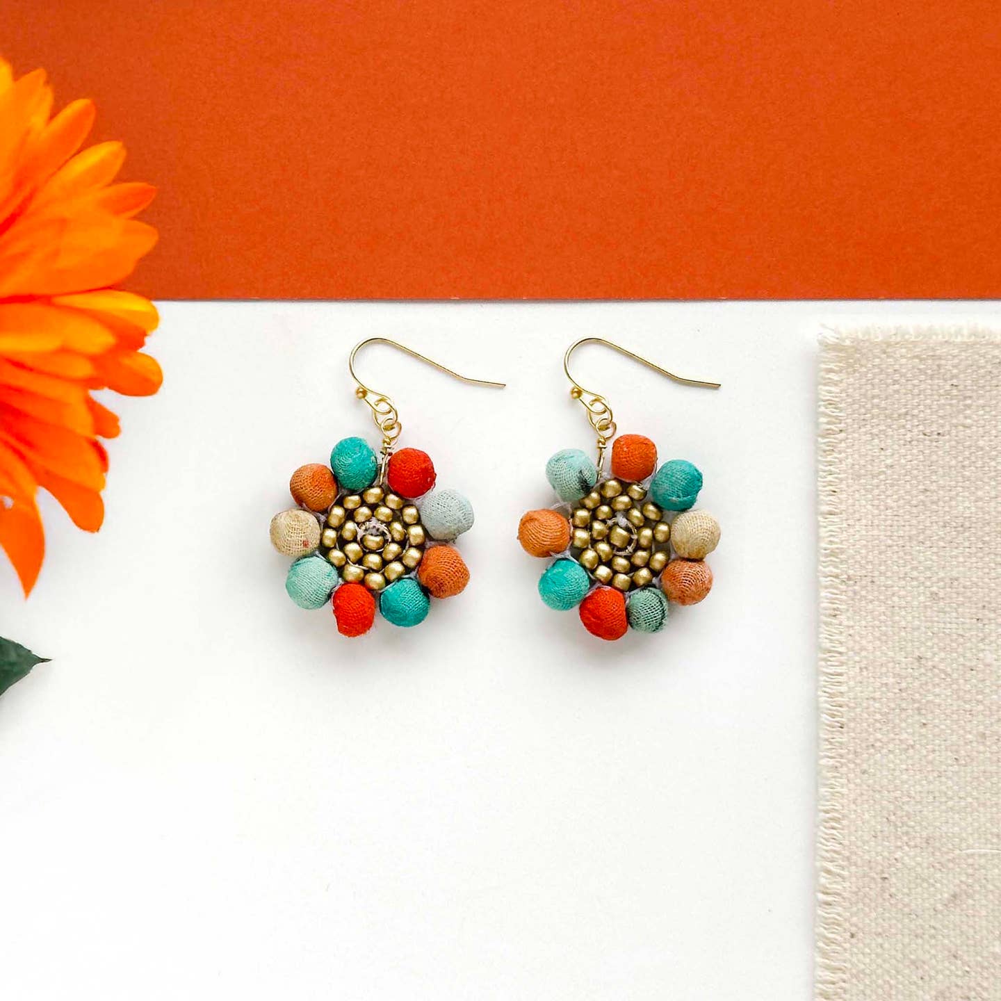 World Finds Kantha Capri Sunflower Earrings