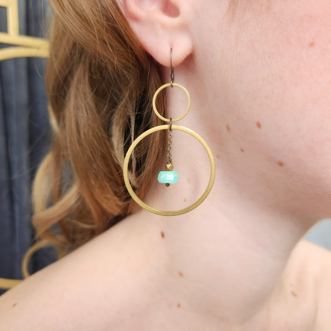 Edgy Petal Amazonite Rondelle Circle with Chain Earrings