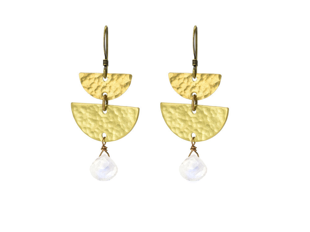 Edgy Petal Rainbow Moonstone Hammered Half Circle Earrings