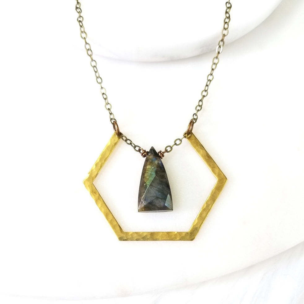 Edgy Petal Labradorite Triangle Hammered Hexagon Necklace