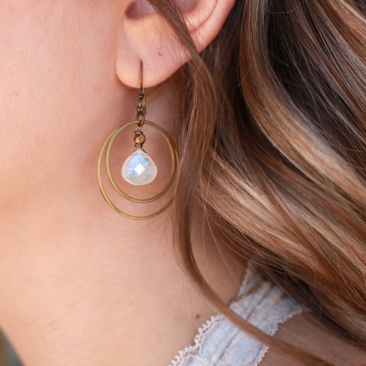 Edgy Petal Rainbow Moonstone Double Hoop Earrings