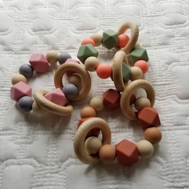 Grasping Wooden Ring Silicone Teether - Multiple Colors