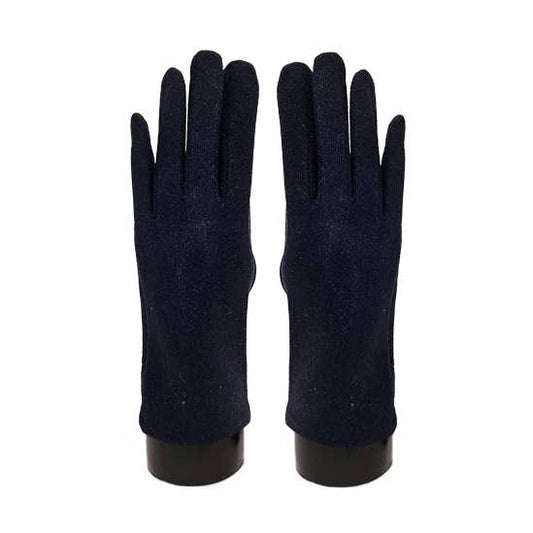 A pair of dark navy blue knit gloves displayed on black mannequin hands against a plain white background.