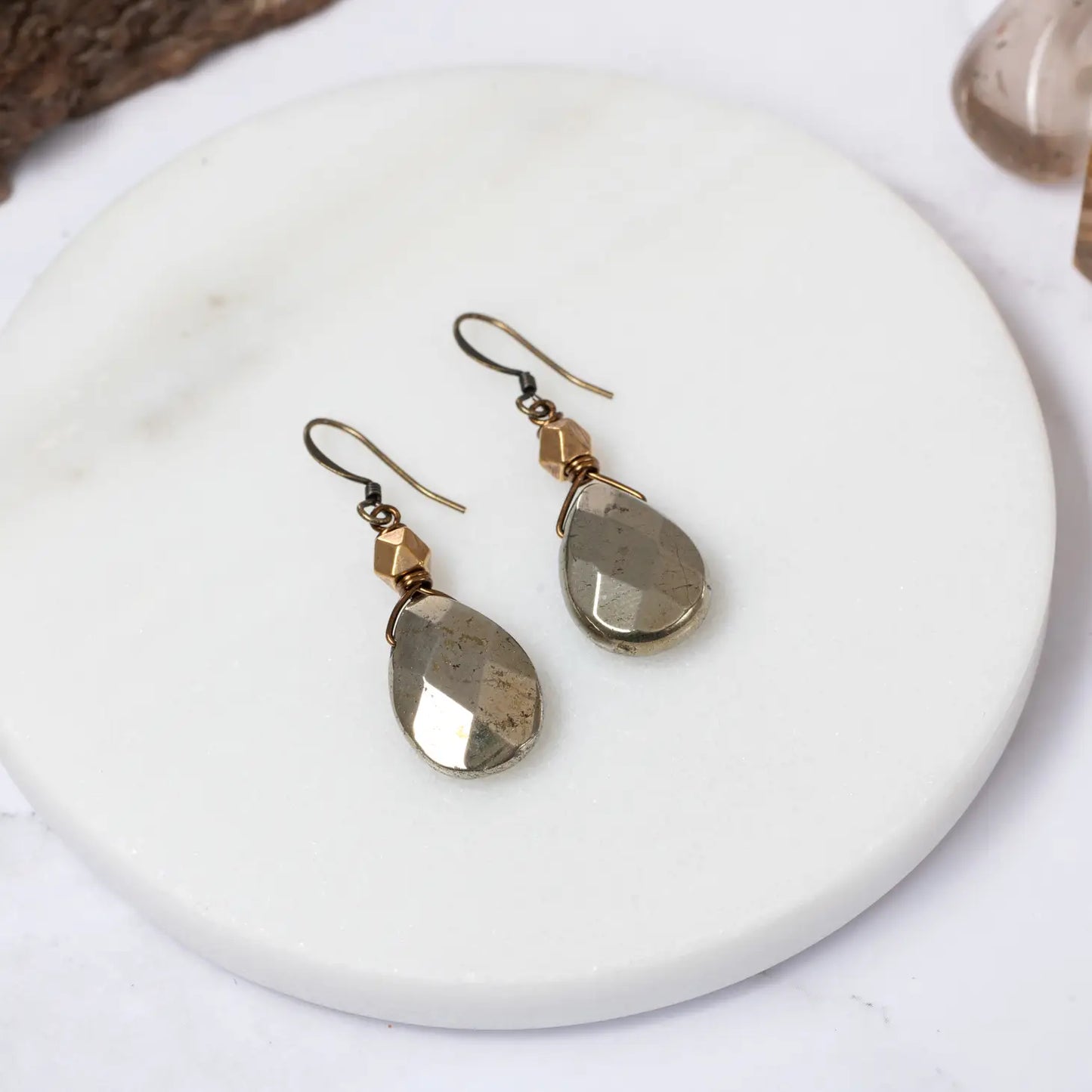 Edgy Petal Pyrite Teardrop Earrings