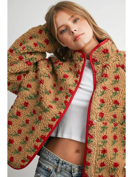 BUTTERMELON Jackets Floral Fluffy Fleece Contrast Trim Jacket Floral Fluffy Fleece Contrast Trim Jacket