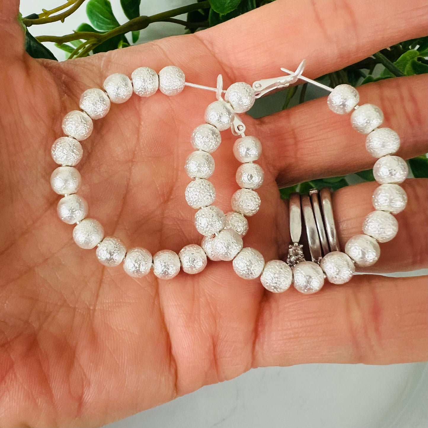 Golden Stella Jewelry Earrings Matte Silver Medium Beaded Hoops 54106078 Matte Silver Medium Beaded Hoops