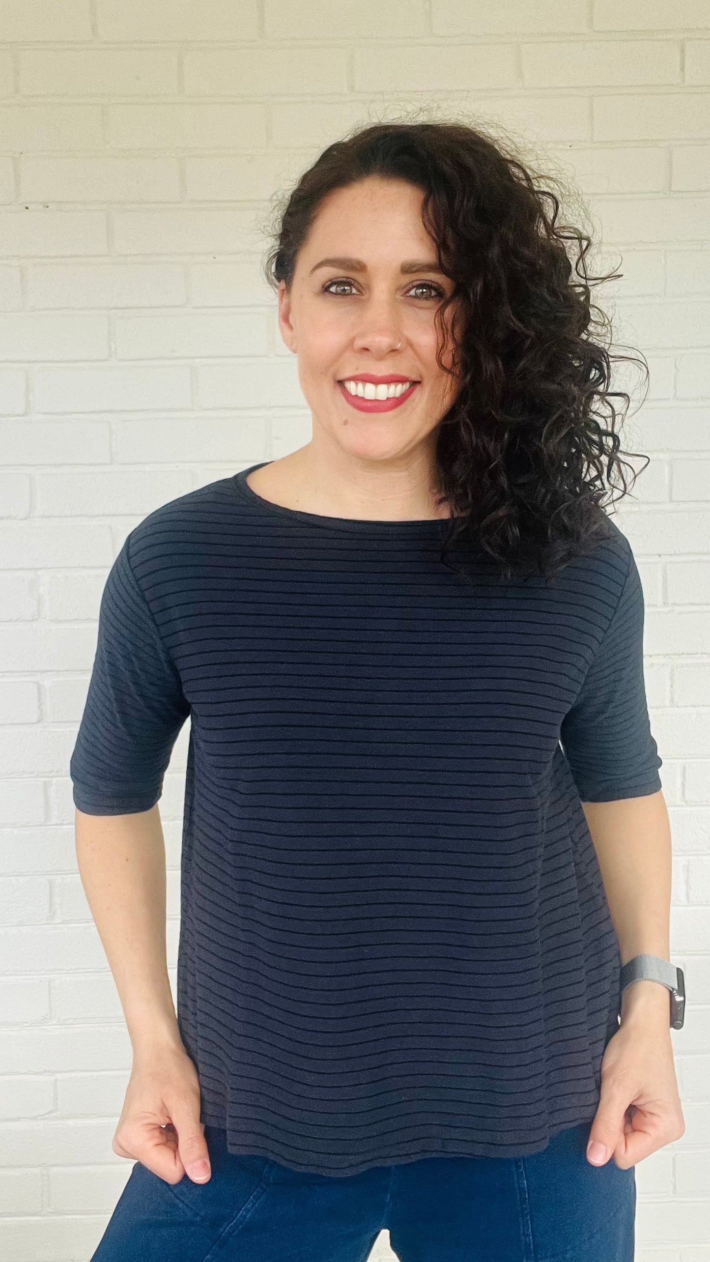 Cut Loose Navy Stripe Elbow Sleeve Top - Multiple Colors