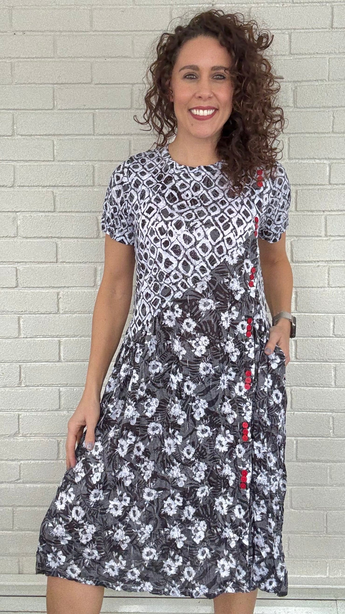 Shana Apparel Dresses Shana Apparel Crinkle Mix Media Button Detail Dress 92227294 Shana Apparel Crinkle Mix Media Button Detail Dress