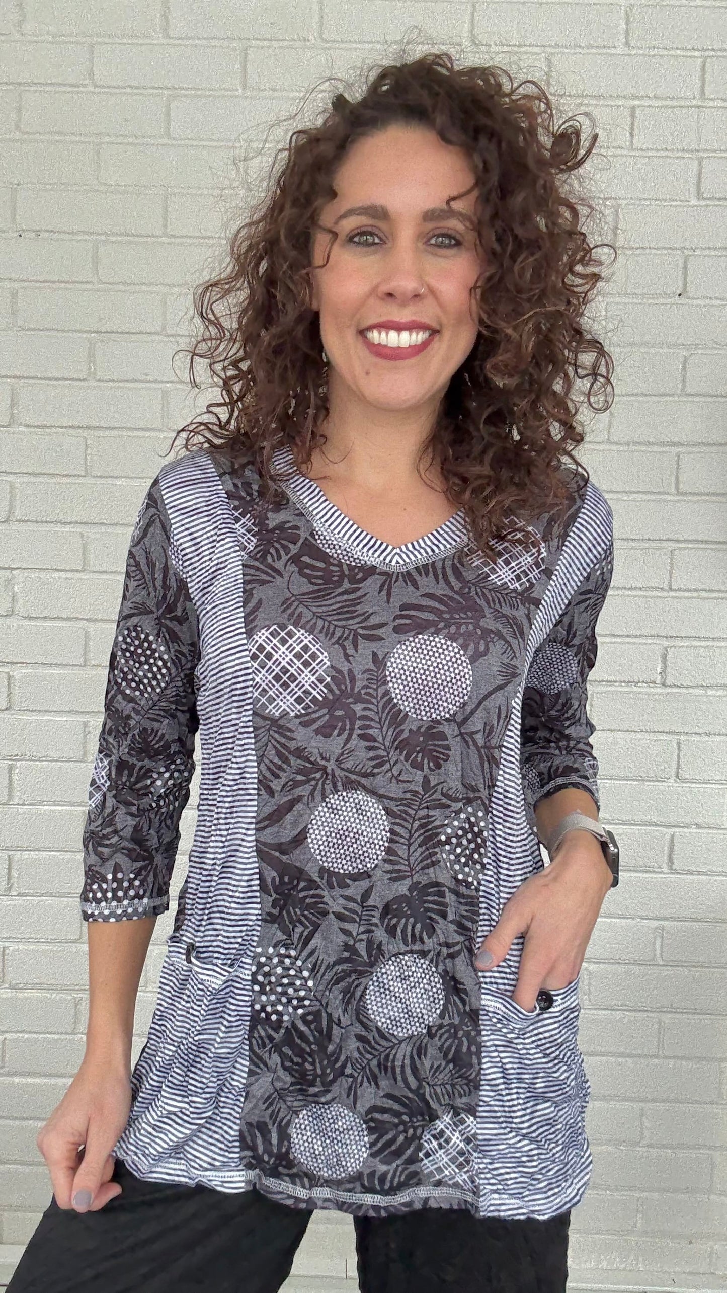 Shana Apparel Tops Shana Apparel Crinkle Mixed Media Pocket Top 46073310 Shana Apparel Crinkle Mixed Media Pocket Top
