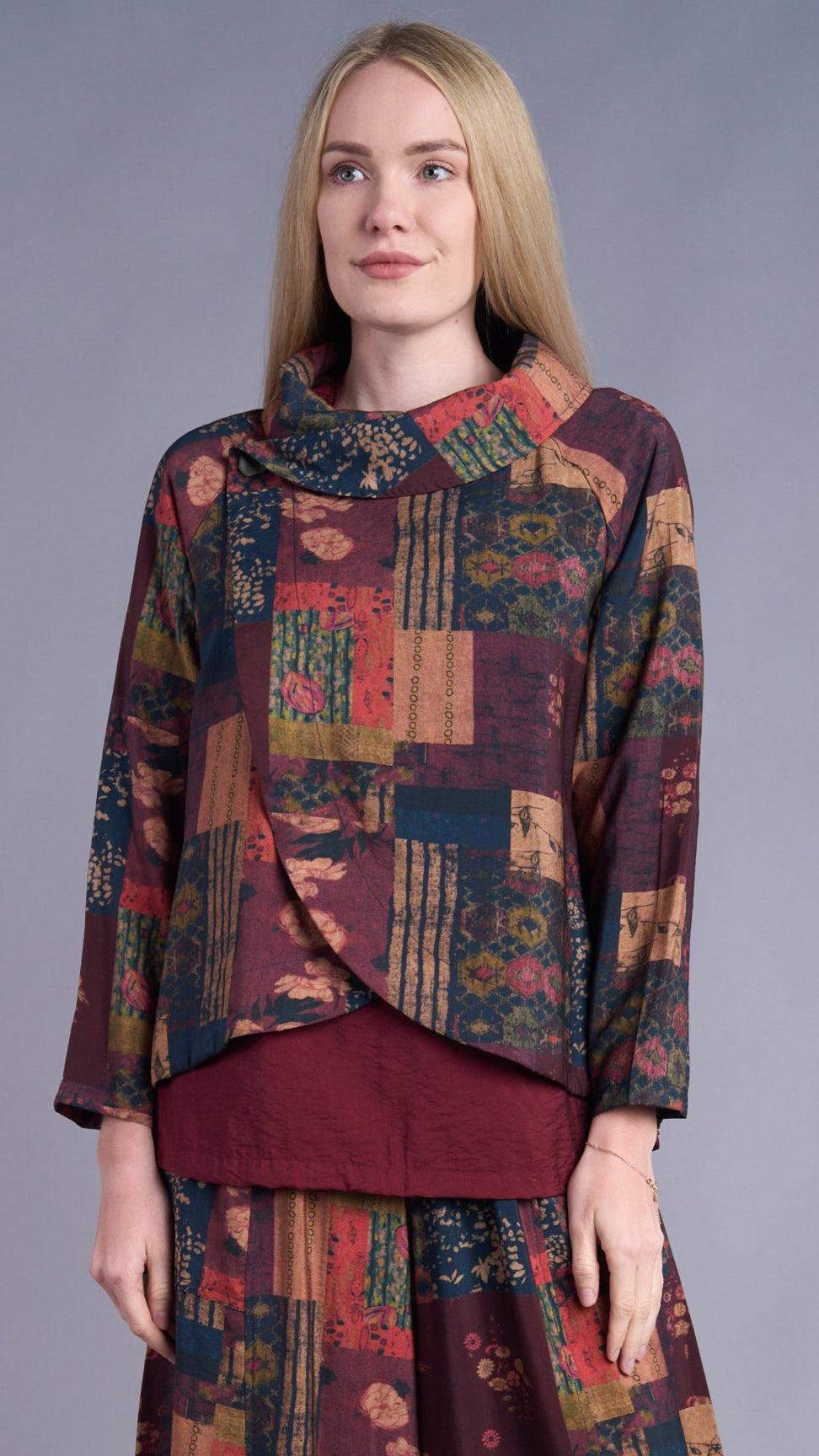 Shana Apparel Button Cowl Crop Jacket - Multiple Prints