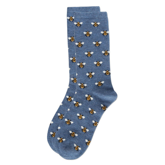 Blue socks with bee pattern on a white background