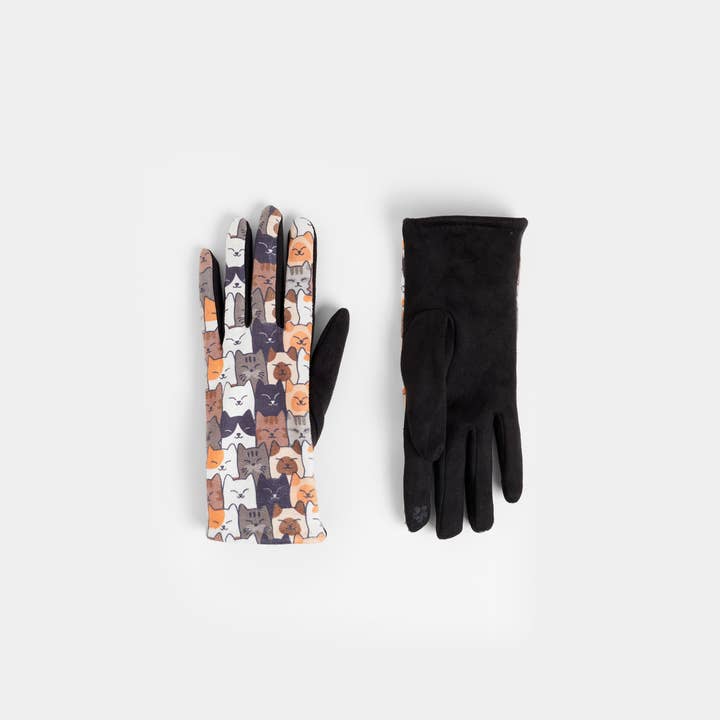 Pair of gloves with cat pattern and black glove on a white background