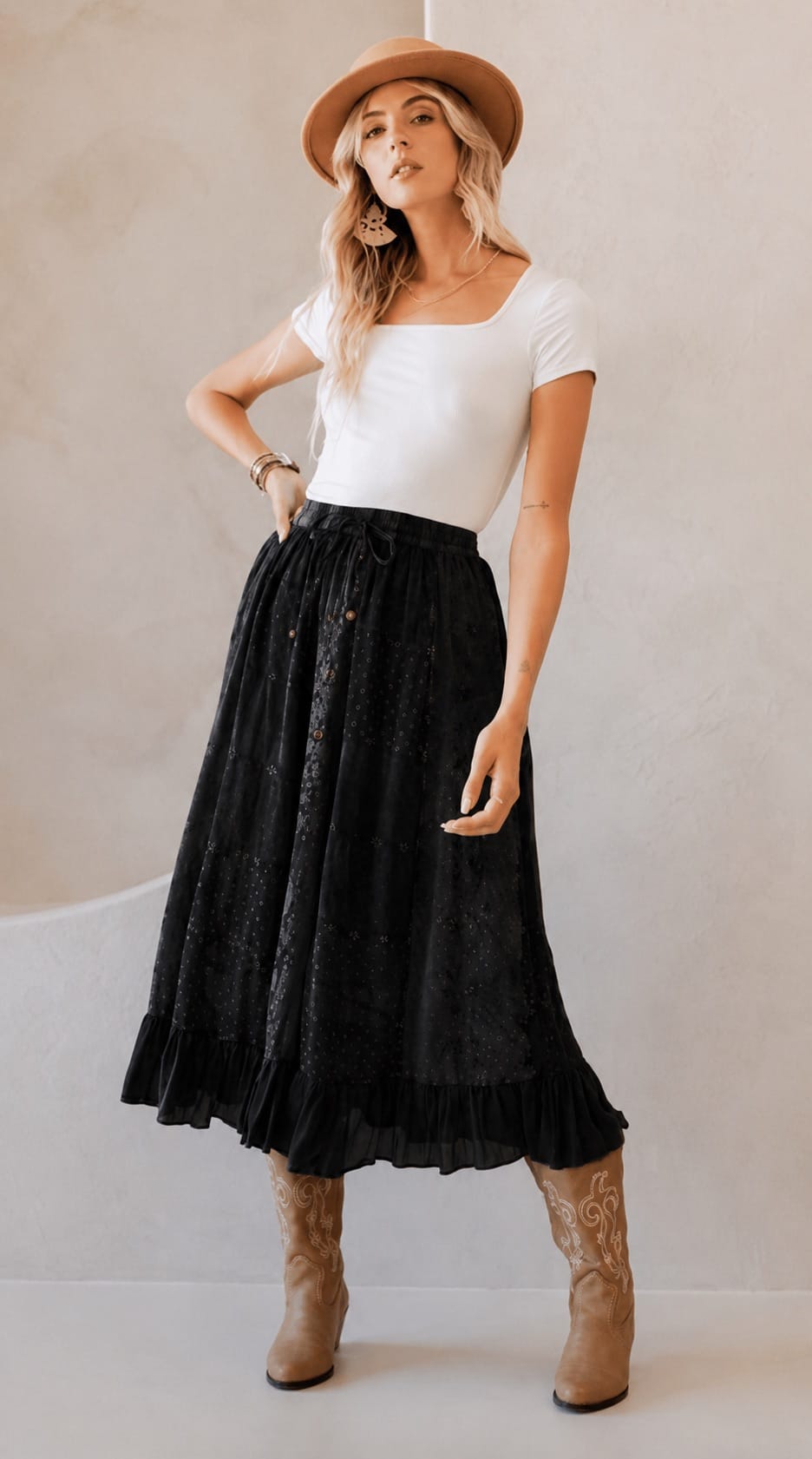 Young Threads Skirts Patchwork Embroidered Maxi Skirt with Pockets Patchwork Embroidered Maxi Skirt with Pockets