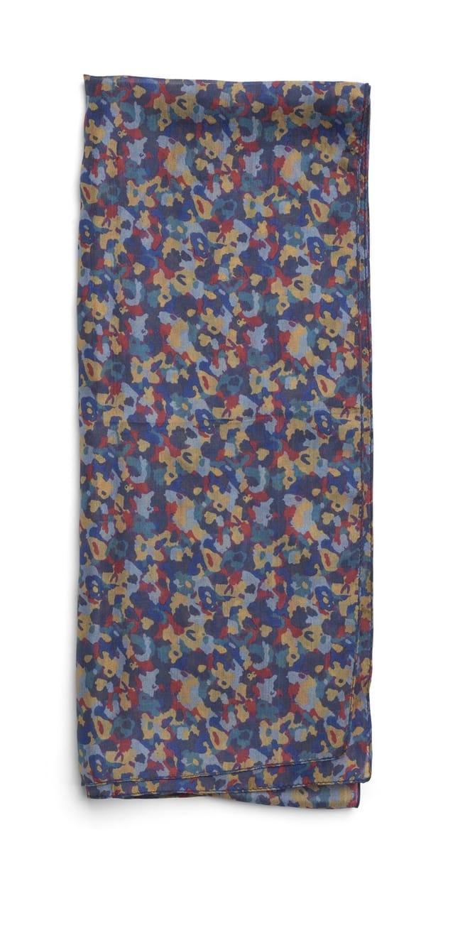 Multicolored patterned silk fabric scarf on a white background