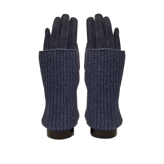 A pair of navy blue knit fingerless wrist warmers or glove covers shown on a white background.