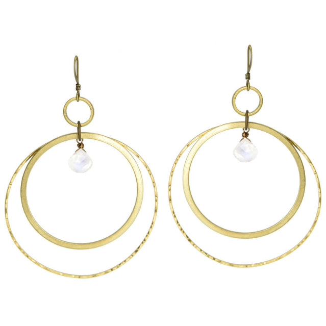 Edgy Petal Rainbow Moonstone Hammered Circle Hoop Earrings