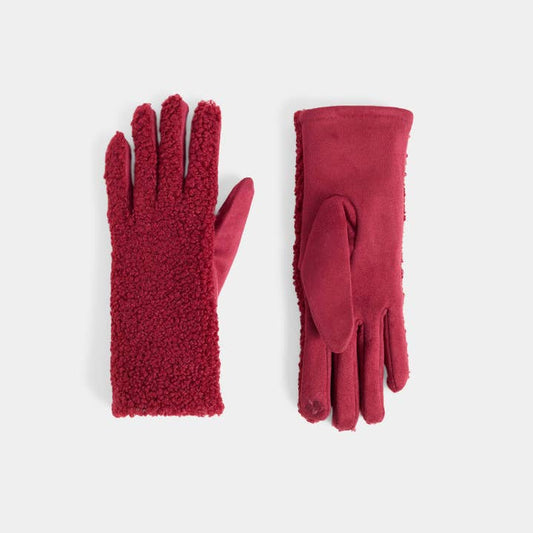 A pair of burgundy fleece and suede gloves, shown from both the back and palm sides, on a light gray background.