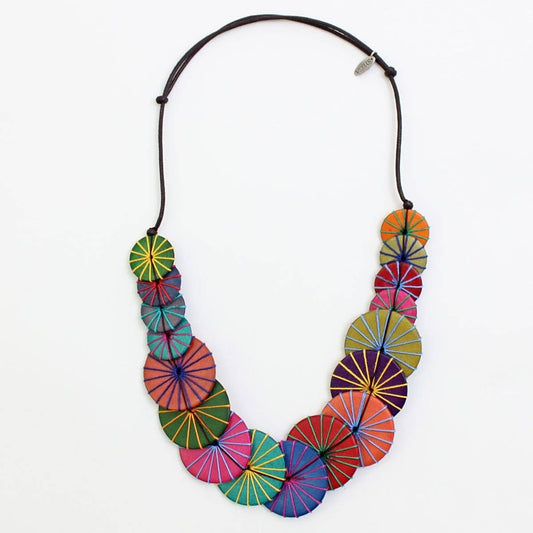 Colorful necklace with circular patterns on a white background