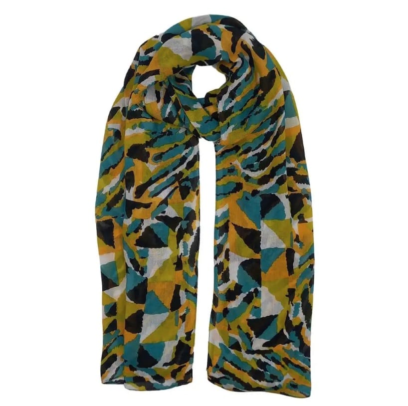 VSA lightweight scarf with an abstract teal, mustard yellow, black, and white print, loosely looped with both ends hanging down.