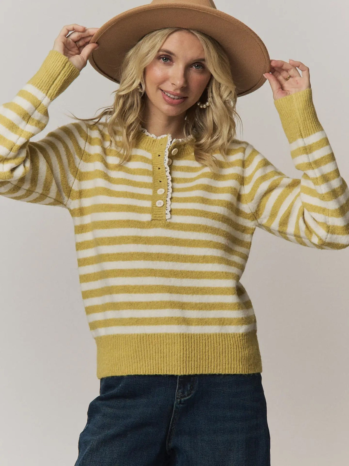 Madelyn Sweaters Vintage Stripe Henley Knit Sweater Vintage Stripe Henley Knit Sweater