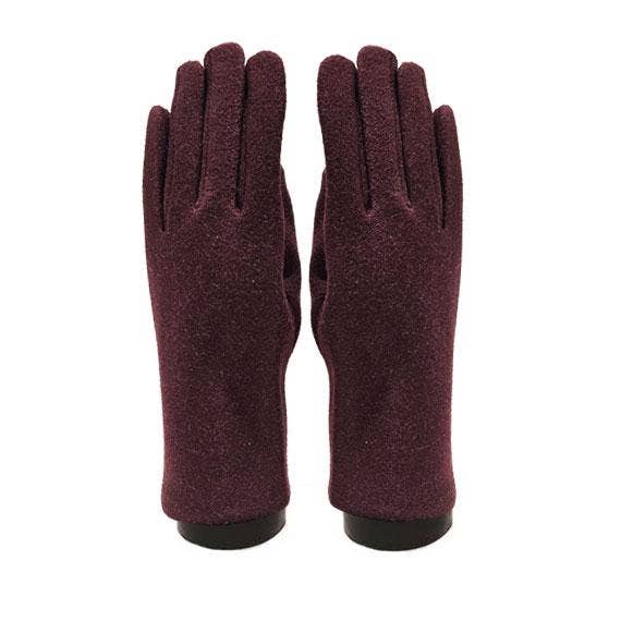 A pair of dark burgundy knit gloves shown flat against a solid white background.