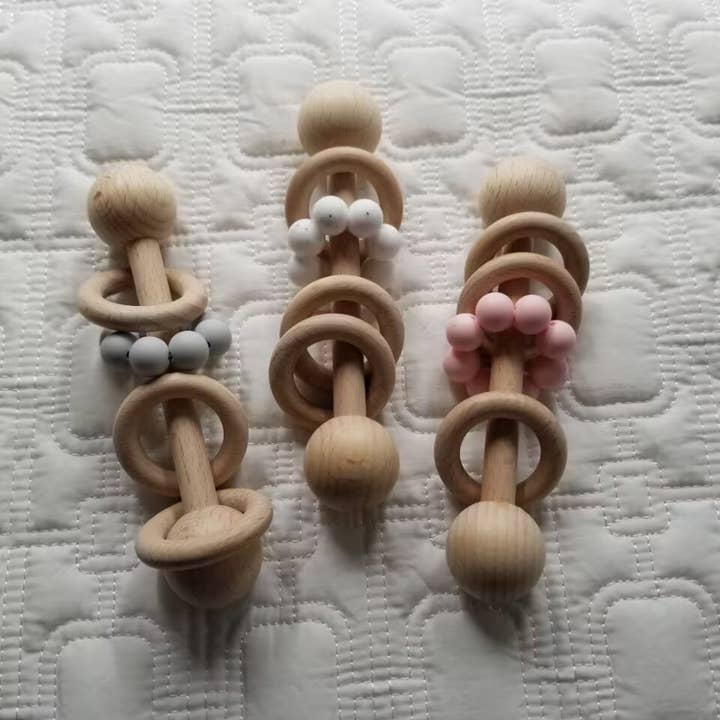 Silicone Wood Teething Rattle Toys - Multiple Colors
