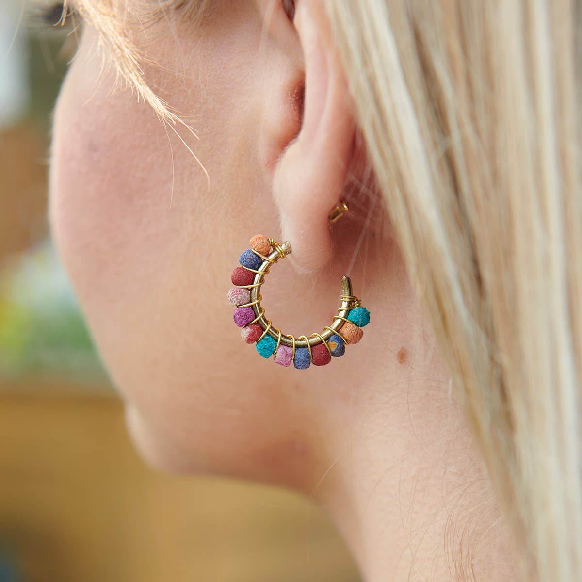 World Finds Kantha Milieu Mini Hoop Earrings