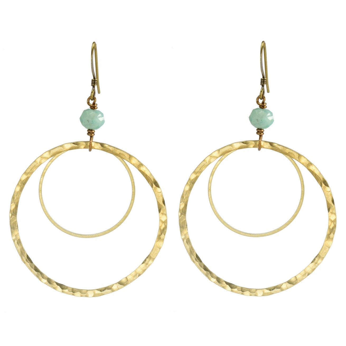 Edgy Petal Sky Blue Amazonite Hammered Brass Hoop Earrings