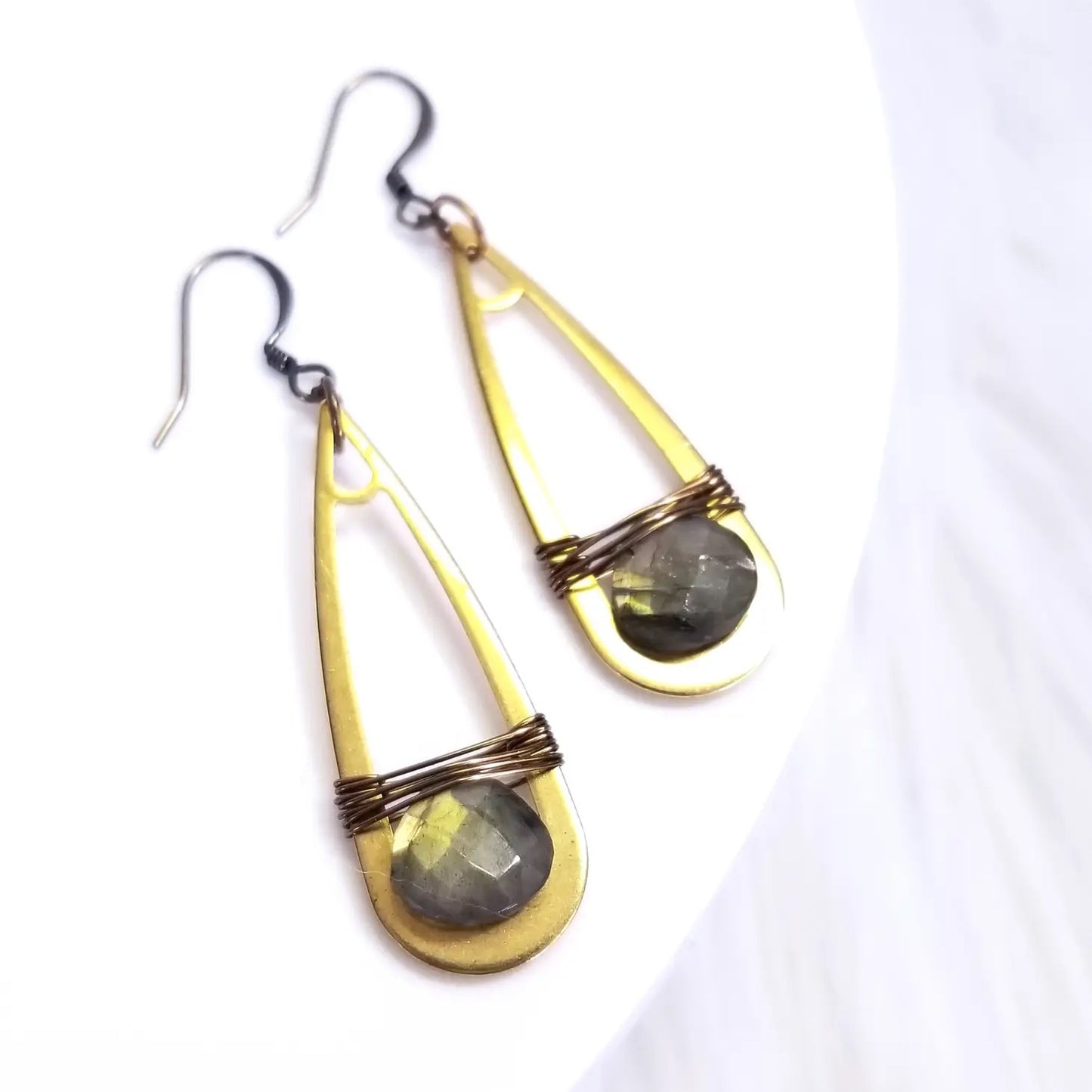 Edgy Petal Labradorite Elongated Brass Teardrop Earrings