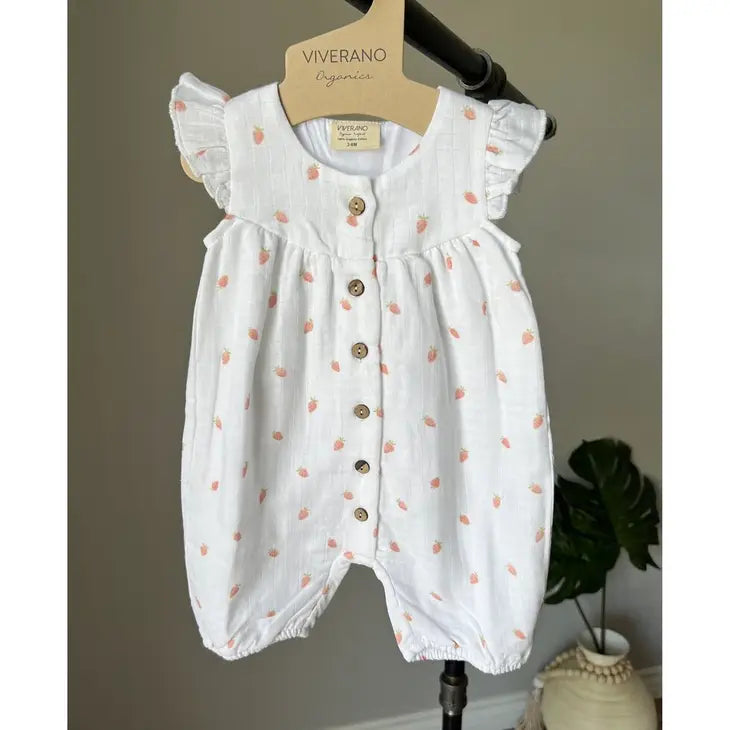 Viverano Organics Strawberry Ruffle & Button Short Romper