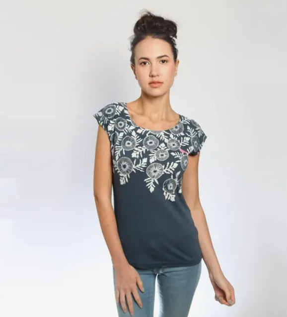 Umsteigen Hand Screen Printed Cap Sleeve Tee, Poppie