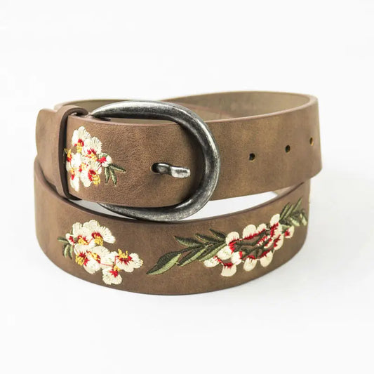 Vegan Leather Hibiscus Embroidered Bohemian Belt