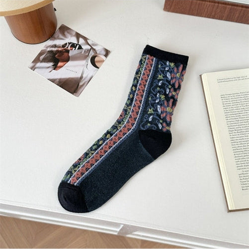 Boho Tapestry Embroidery Crew Socks - Multiple Colors