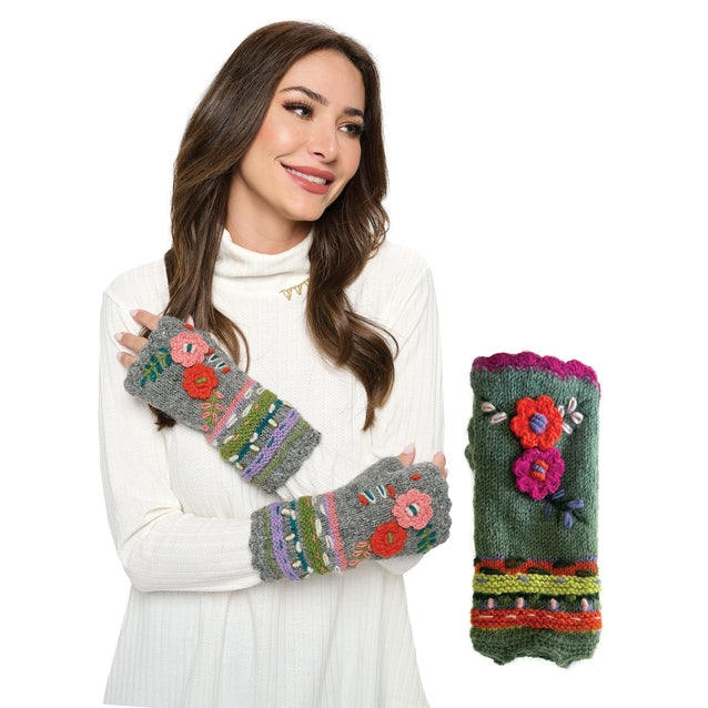 Floral Crochet Fingerless Gloves - Multiple Colors