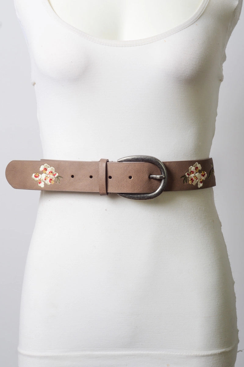 Vegan Leather Hibiscus Embroidered Bohemian Belt