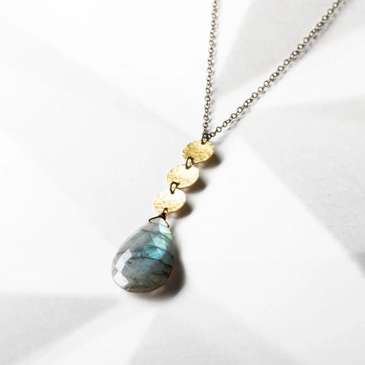 Edgy Petal Labradorite Hammered Triple Disk Long Chain Necklace