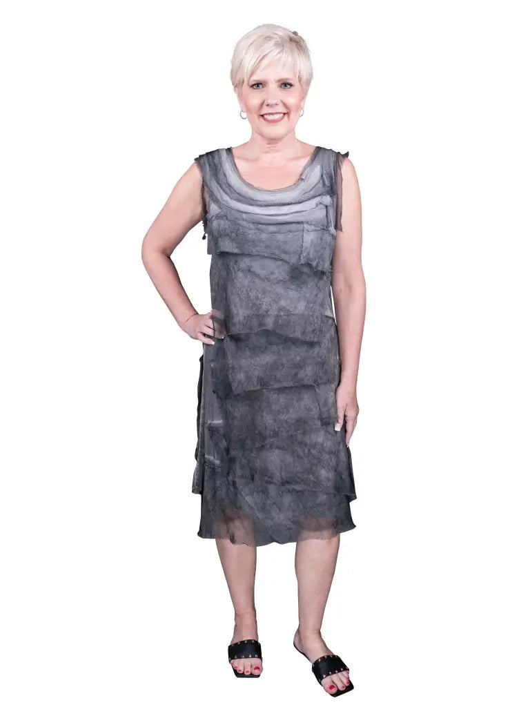 Tees by Tina Silk Mariana Ruffle Dress Brushed Charcoal