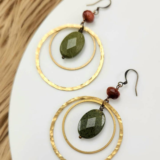 Edgy Petal Green Agate Goldstone Hammered Brass Earrings