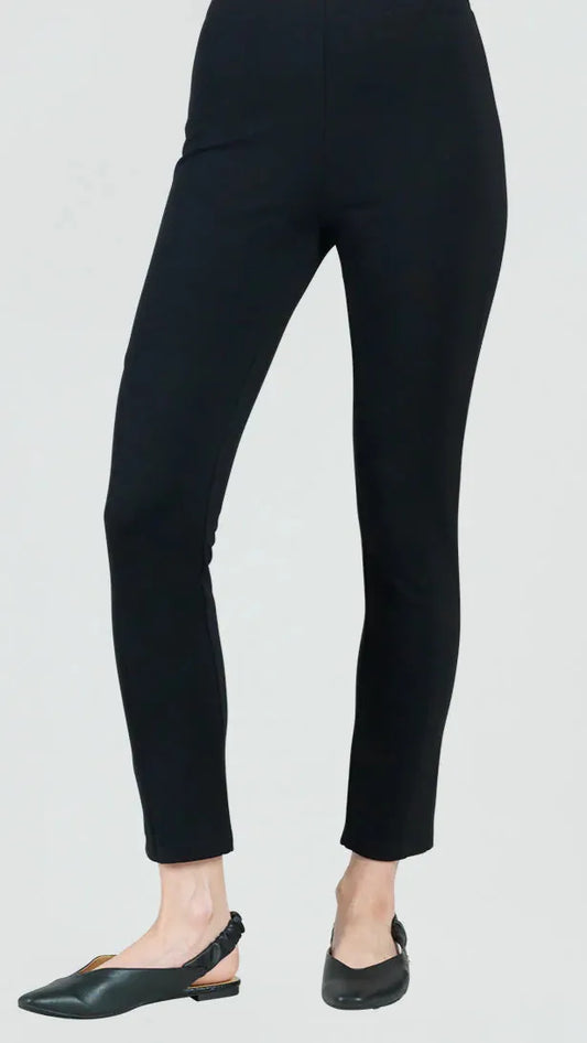 Black pants worn by a person on a white background
