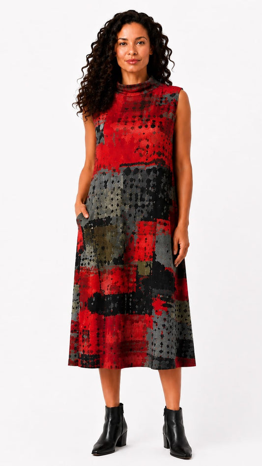 A woman modeling a sleeveless midi dress with an abstract patchwork pattern in red, black, and gray, paired with black ankle boots, against a plain white studio background.