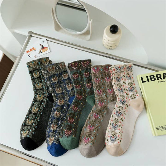 Embossed Vintage Floral Mid-Calf Sock - Multiple Colors