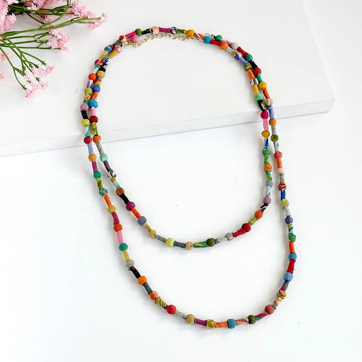 World Finds Necklaces World Finds Scrolled & Dotted Kantha Necklace 41007070 World Finds Scrolled & Dotted Kantha Necklace