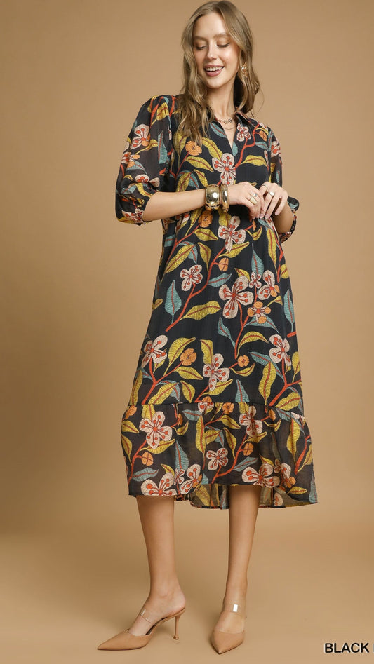 Umgee Mixed Floral Tiered Midi Dress