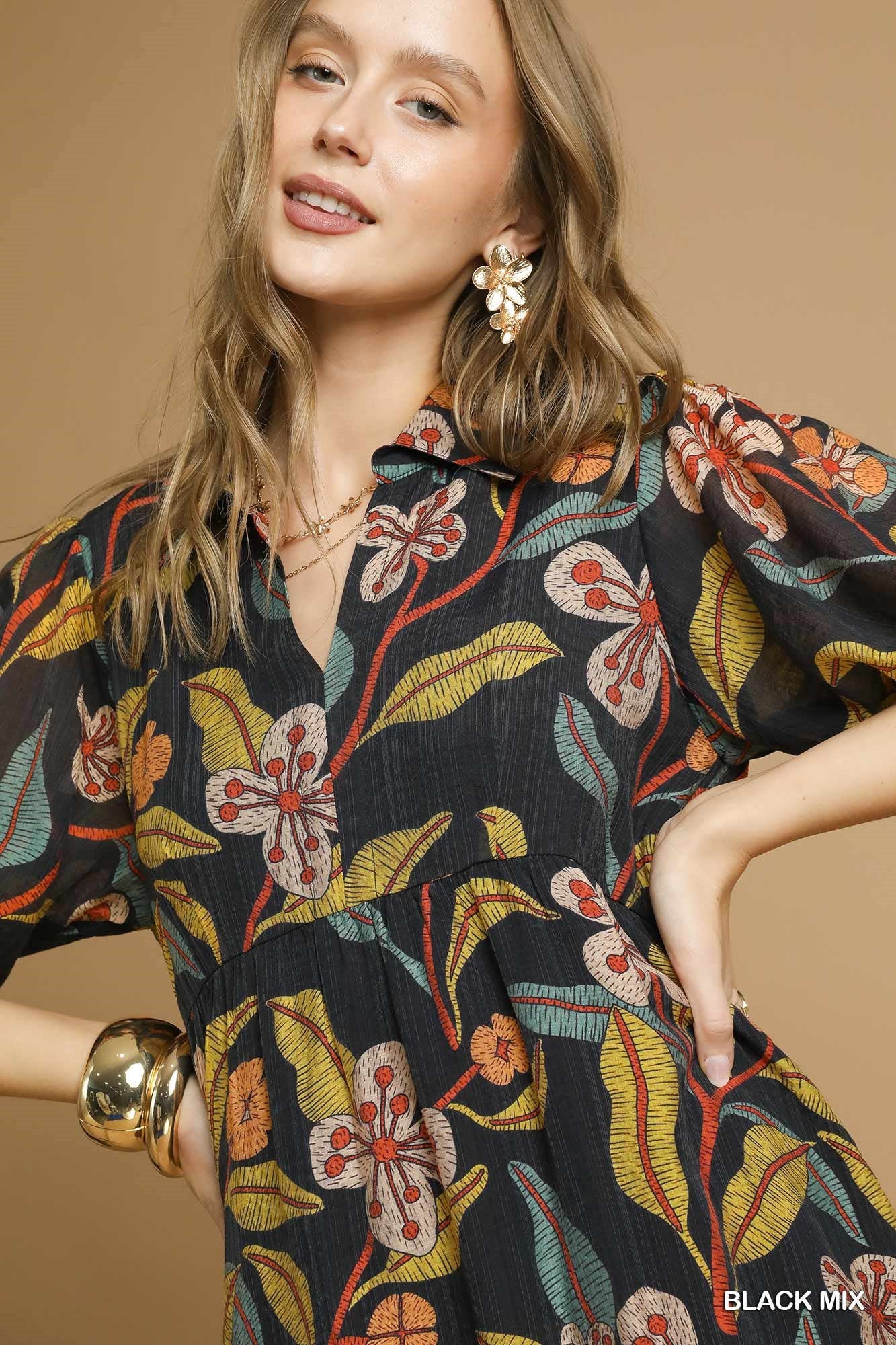 Umgee Mixed Floral Tiered Midi Dress