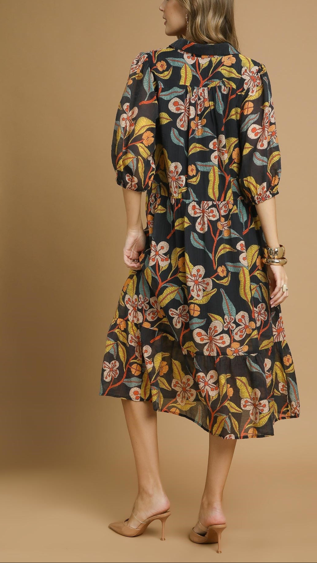 Umgee Mixed Floral Tiered Midi Dress