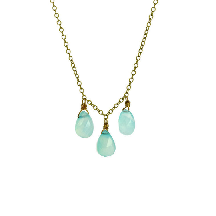 Edgy Petal Triple Seafoam Green Chalcedony Teardrop Necklace