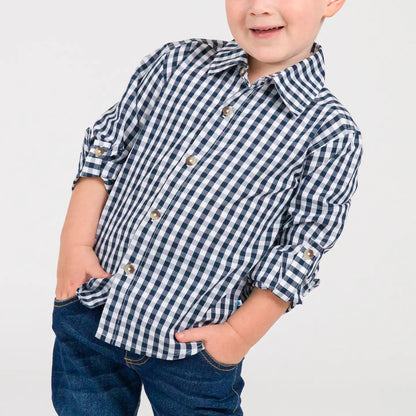 RuffleButts Navy Gingham Button Down Shirt