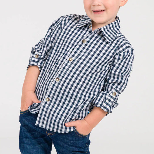 RuffleButts Navy Gingham Button Down Shirt
