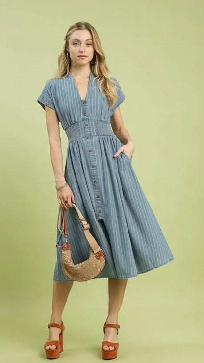 Umgee Dresses Umgee Dolman Sleeve Chambray Midi Dress - Multiple Colors Umgee Dolman Sleeve Chambray Midi Dress - Multiple Colors